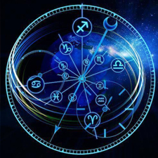 Numerology chart with symbols and numbers on a cosmic background.